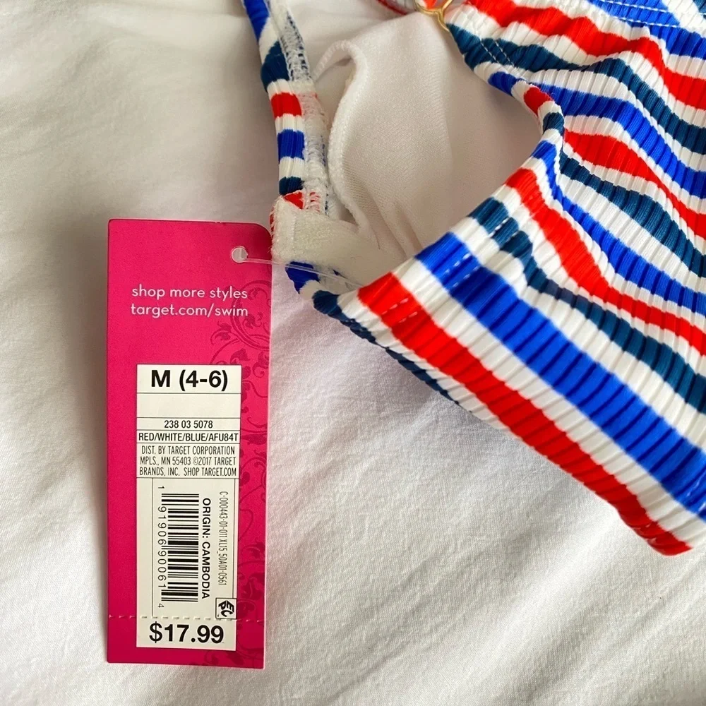 NWT Xhilaration Ribbed Red Blue White Blue Stripe Button Bikini Top Size Medium